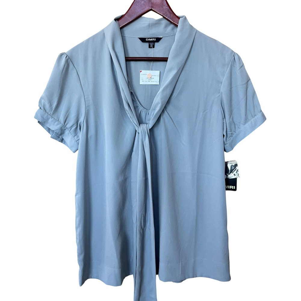 DIMRI Womens Grey Tie Neck Puff Short Sleeve Blouse Top OP1-19029 Size L NEW